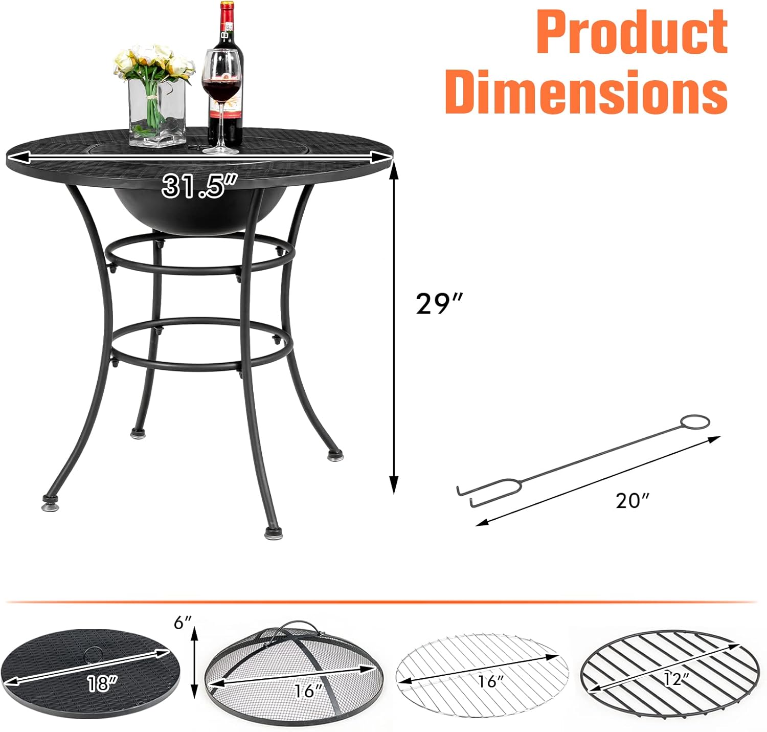 Tangkula 32 Inch Outdoor Fire Pit Dining Table, 4-in-1 Round Wood Burning Fire Pit Bowl, Patio Steel Firepit for BBQ, Bonfire, Camping, Includes Fire Poker, Cover, Grill, Log Grate, Spark Screen Cover
