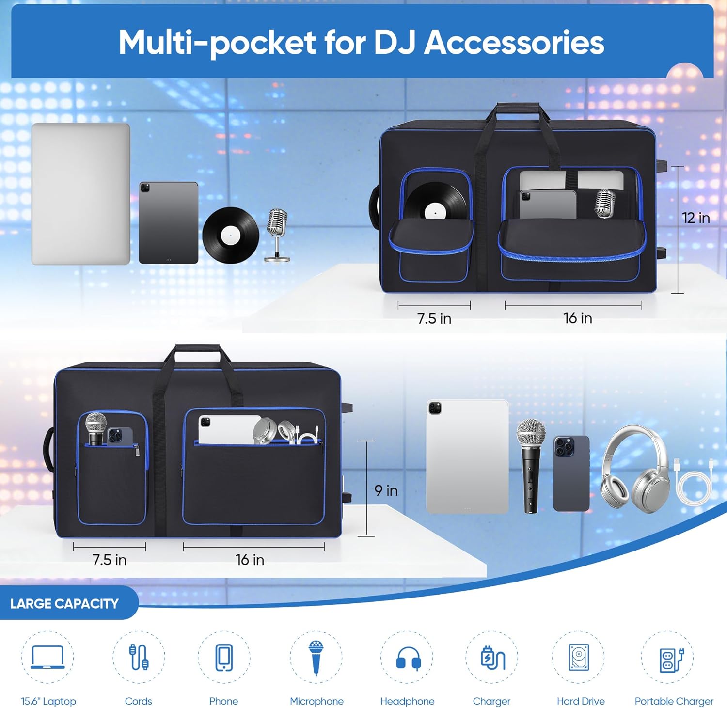 DJ Controller Case with Wheels Compatible with XDJ-AZ/XDJ-XZ/DDJ-SZ/RZ, Rolling DJ Travel Gig Bag with 10MM Soft Padded & Multi-pocket for DJ Controller & Accessories (with Wheels)