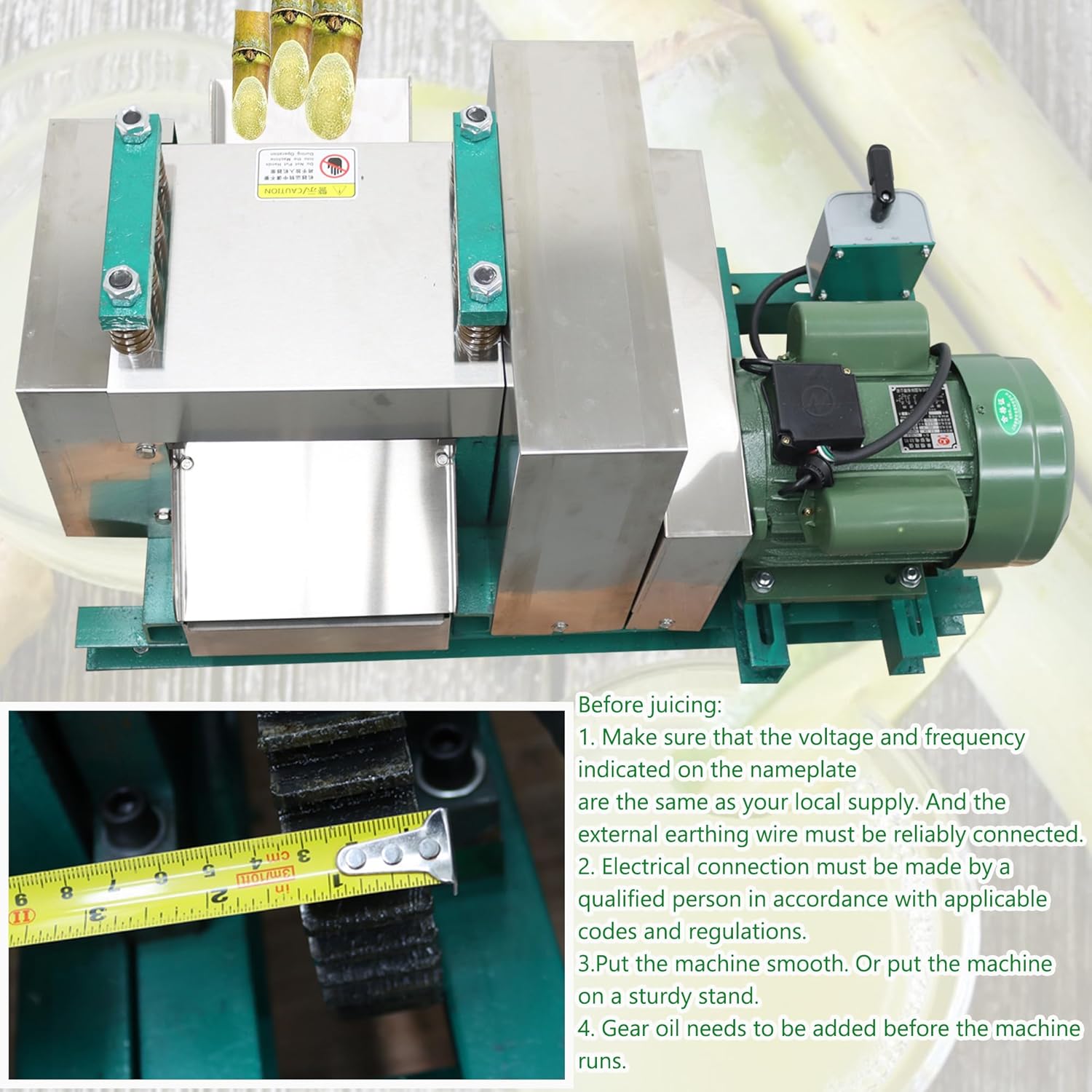 Commercial Electric Sugarcane Juicer 3-Roller Industrial Sugar Cane Press Machine 1760LBS/H High Output 220V Horizontal Stainless Steel Cane Juice Extractor Squeezer Auto Gap Adjustment