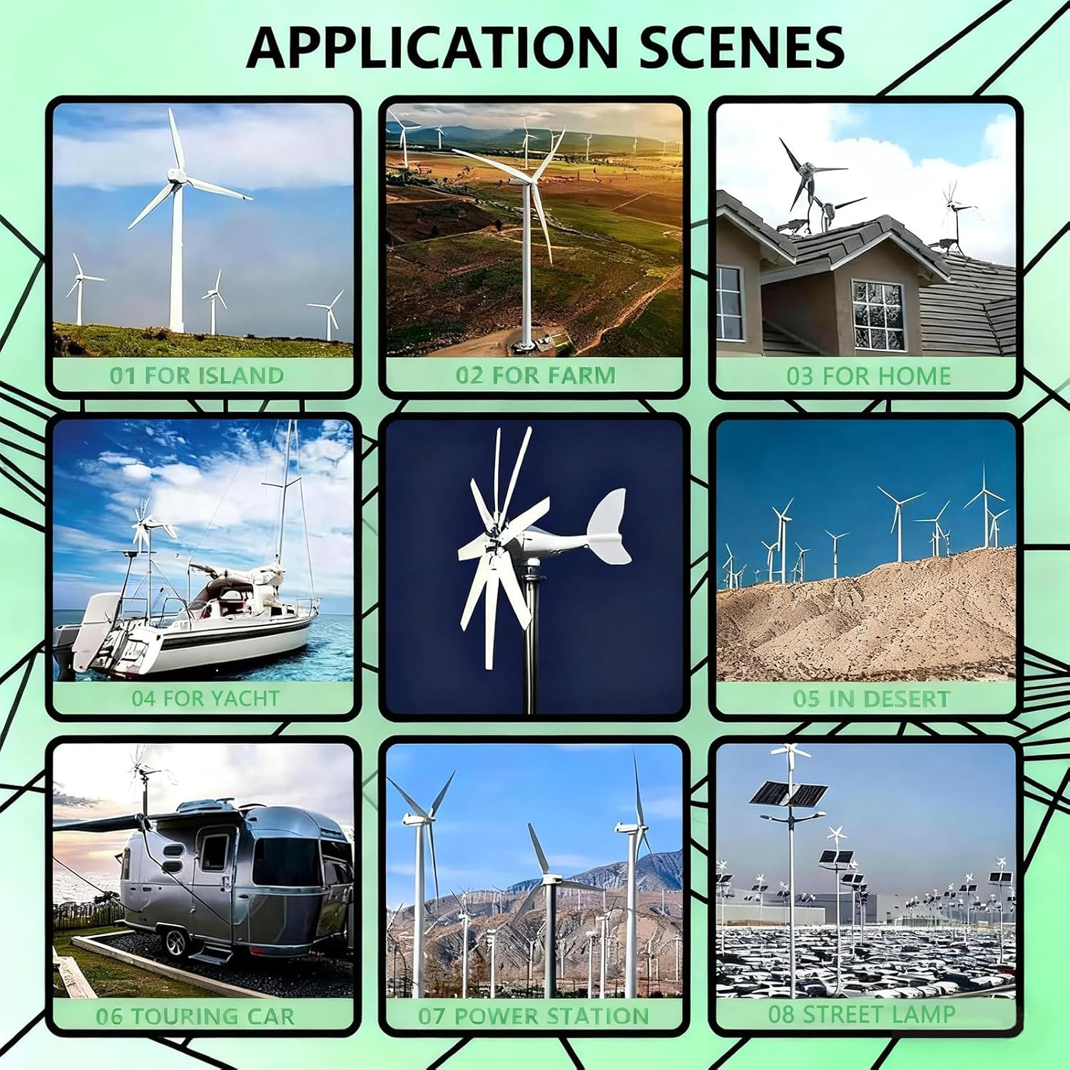 400W Horizontal Wind Turbine 12V/ 24V/48V Wind turbines 3-Phase Generator 8-Blades Wind Generator Complete System for Power Supplementation, with MPPT Charge Controller 12V