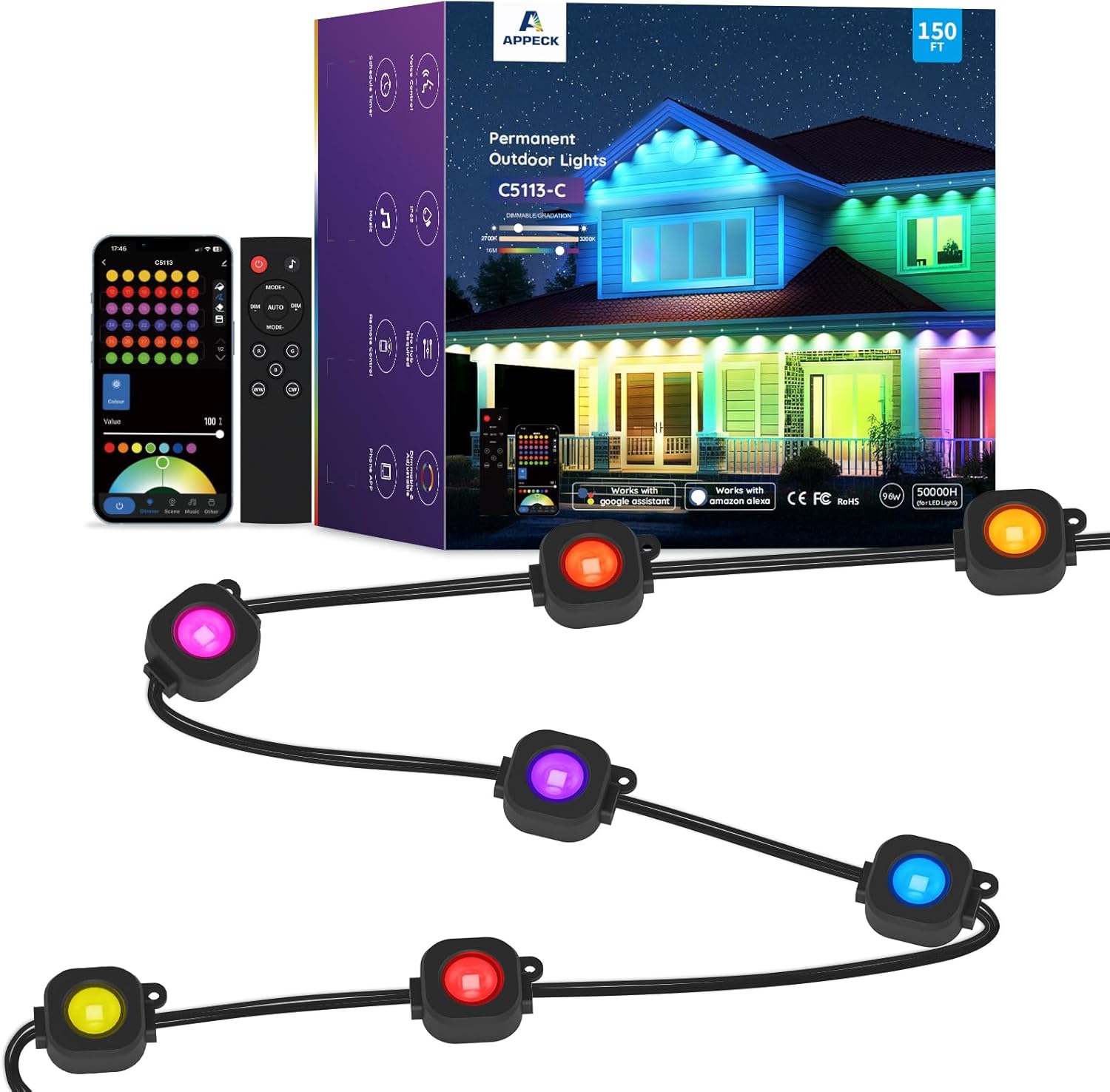 Permanent Outdoor Lights 150ft,RGBW Eaves Light with 108 LED Lights,111+ Scenes Modes Outdoor Lighting, Waterproof Permanent Light for Daily Holiday Halloween Decorations, Compatible with Alexa,Black