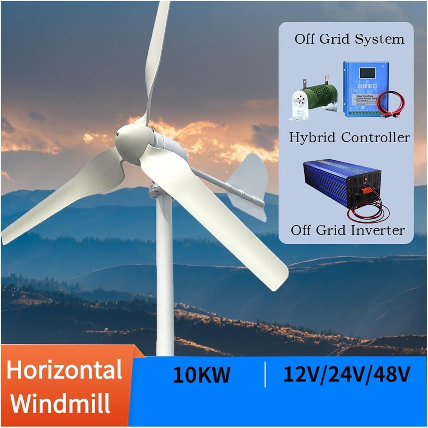 10KW Wind Turbine Generator 10000W 12V 24V 48V Small Windmill 10KW Wind Generators with MPPT Hybrid Controller for Home Low Starting Speed for Home(Off Grid System,12V)