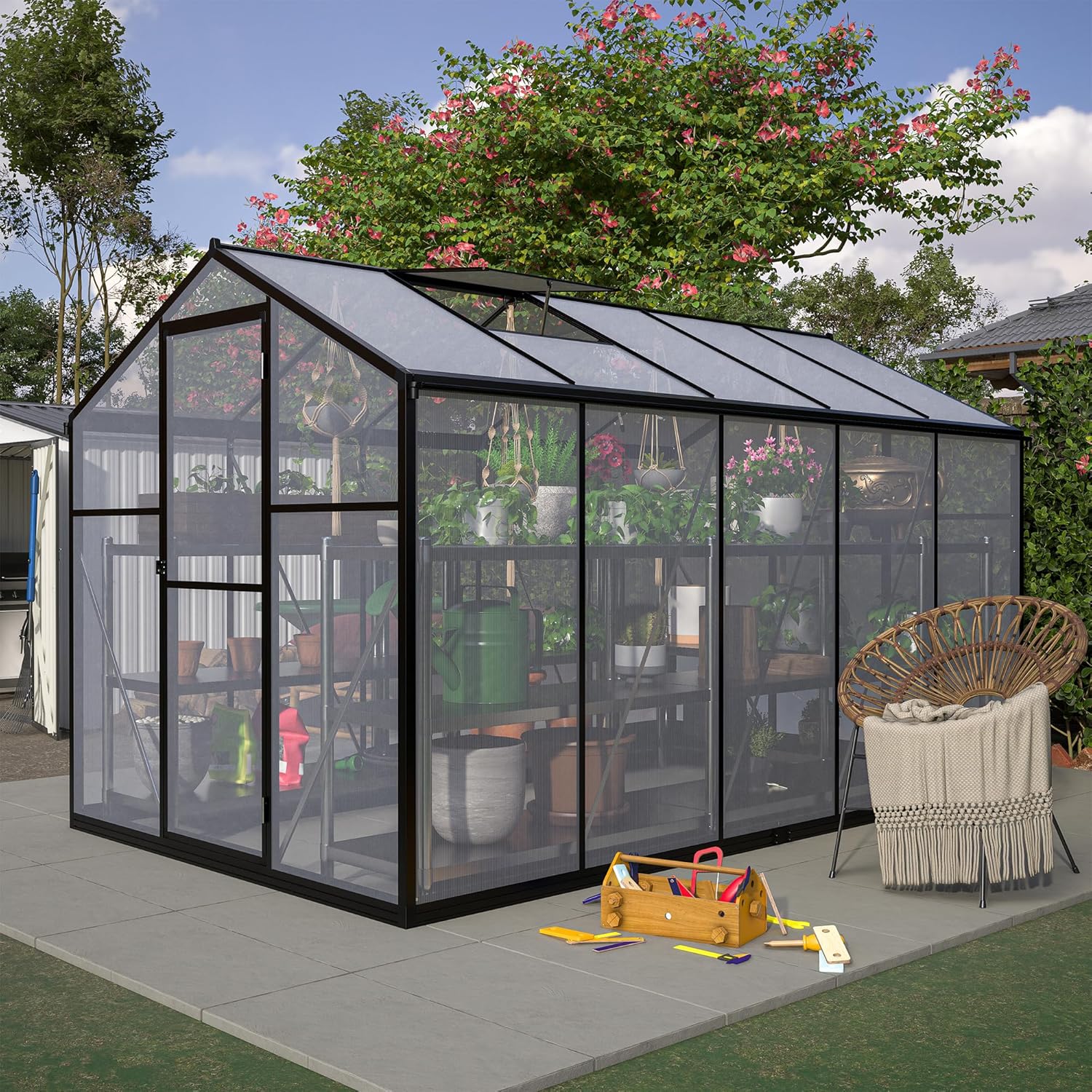 Polycarbonate Greenhouse 6x10 ft Upgraded Heavy Duty Aluminum Walk-in Green House for Outdoor Garden with Base,Adjustment Roof Vent,Sliding Door,Rain Gutter,2 Gloves,Free Assembly Tools