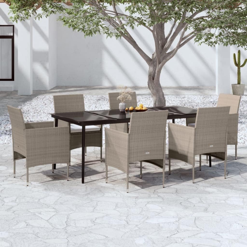 7 Piece Patio Dining Set with Cushions Beige and Black,Outdoor Patio Dining Set with Glass Tabletop and Comfortable Rattan Chairs Patio Furniture Sets, Outdoor Furniture Sets