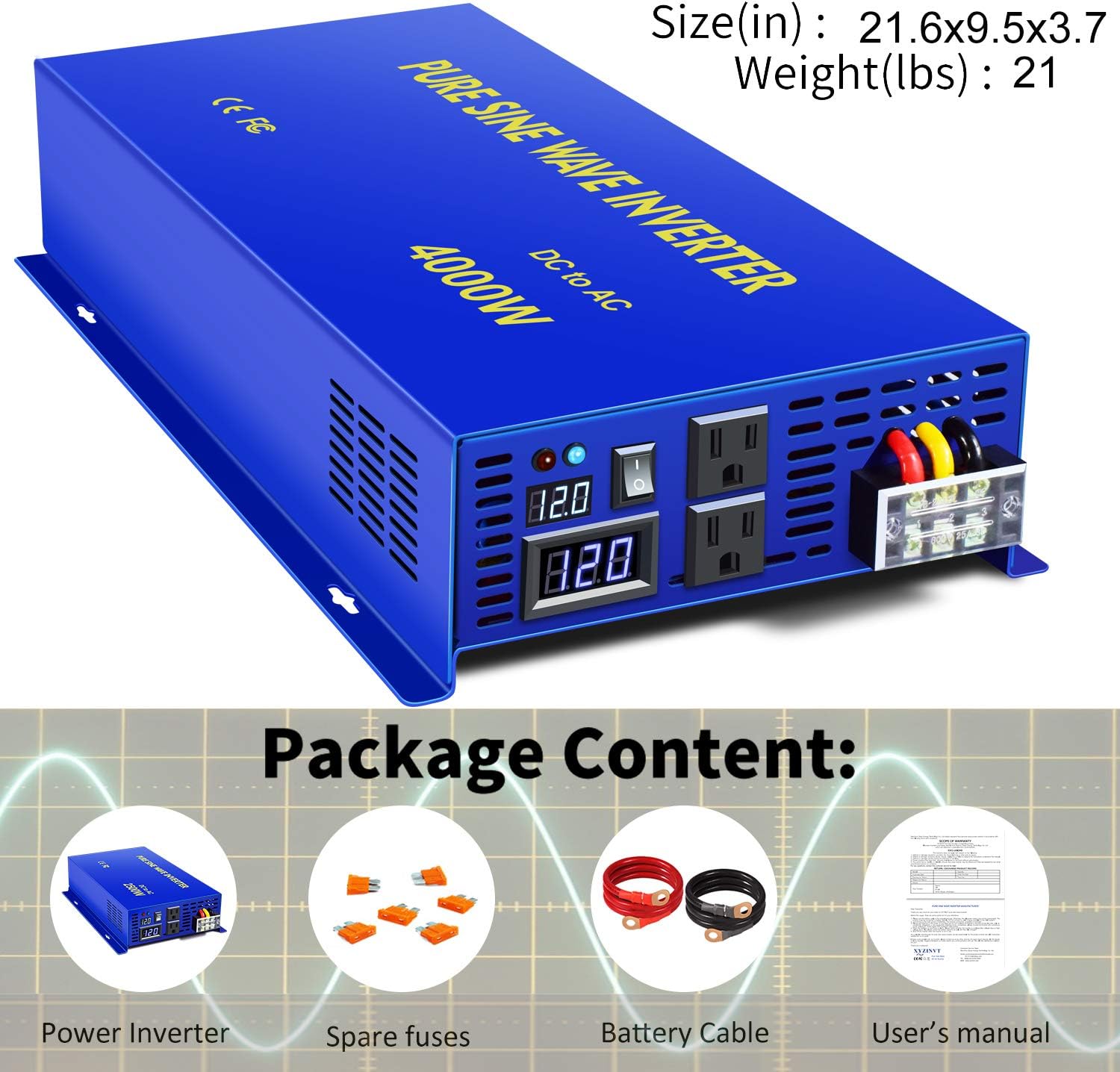 4000 Watt Pure Sine Wave Inverter 12V DC to 120V AC, 4000W Power Inverter Surge 8000W Power Converter for Solar System, RV, Car, Truck (4000W 12V 120V Blue