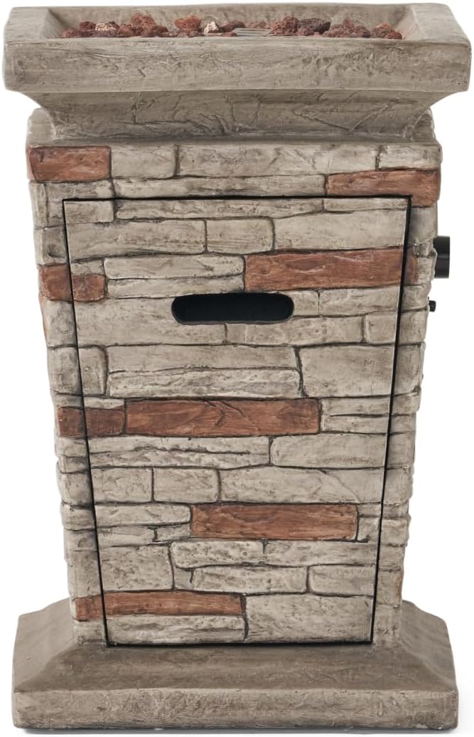 19.5-inch Natural Stone Finish Fire Column, 40,000 BTU Outdoor MGO Propane Fire Pit with Built-in Tank Space & Lava Rocks for Patio and Backyard