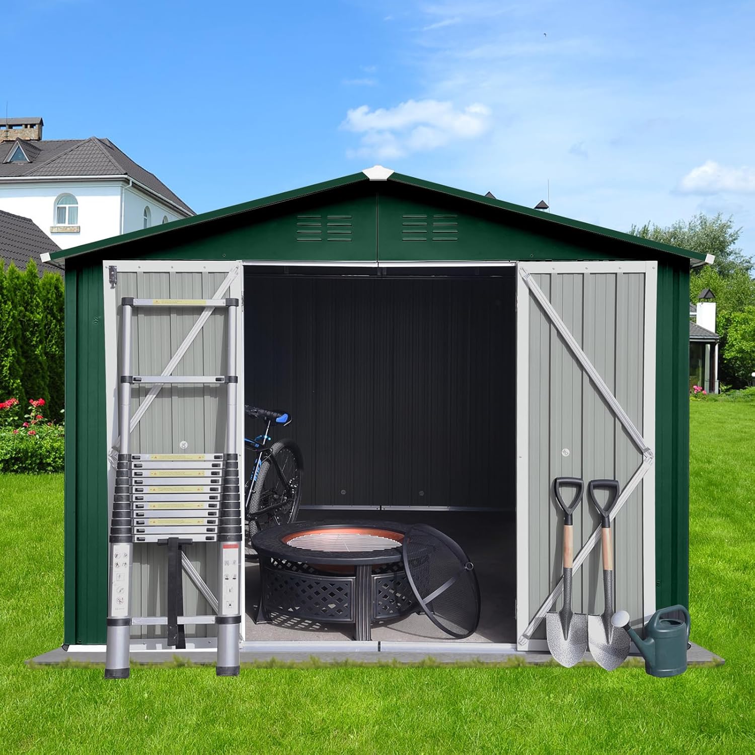 8x10ft Metal Outdoor Storage Shed Waterproof Garden Tool Bike Sheds Kit Lean to Backyard Storage Building Cabinet House,Green