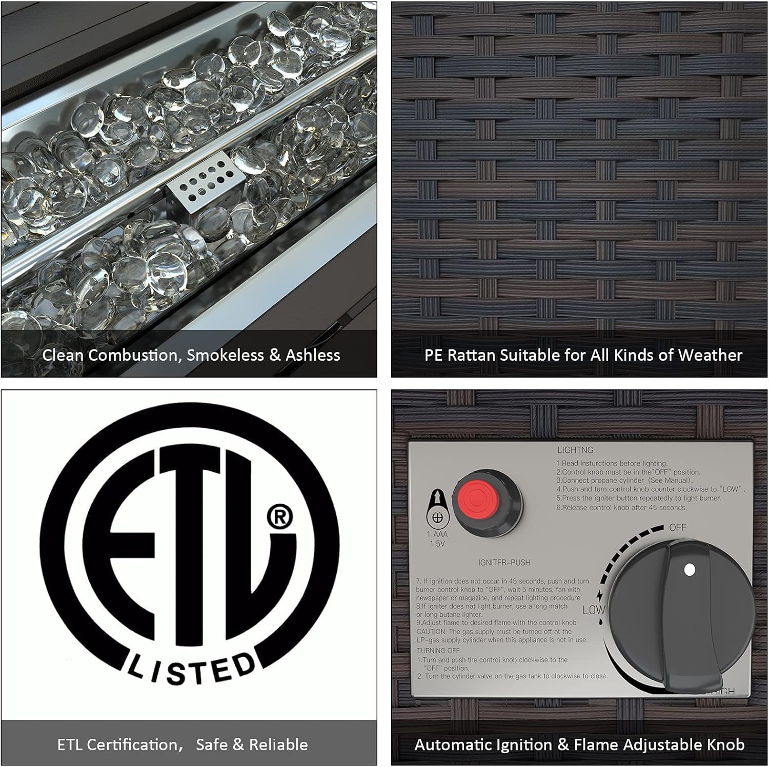 ALAULM Outdoor Propane Gas Fire Pit Table 43'',50,000 BTU with Rectangular Tabletop,Auto-Ignition,Adjustable Flame,Glass Wind Guard,Brown PE Rattan & ETL Certification