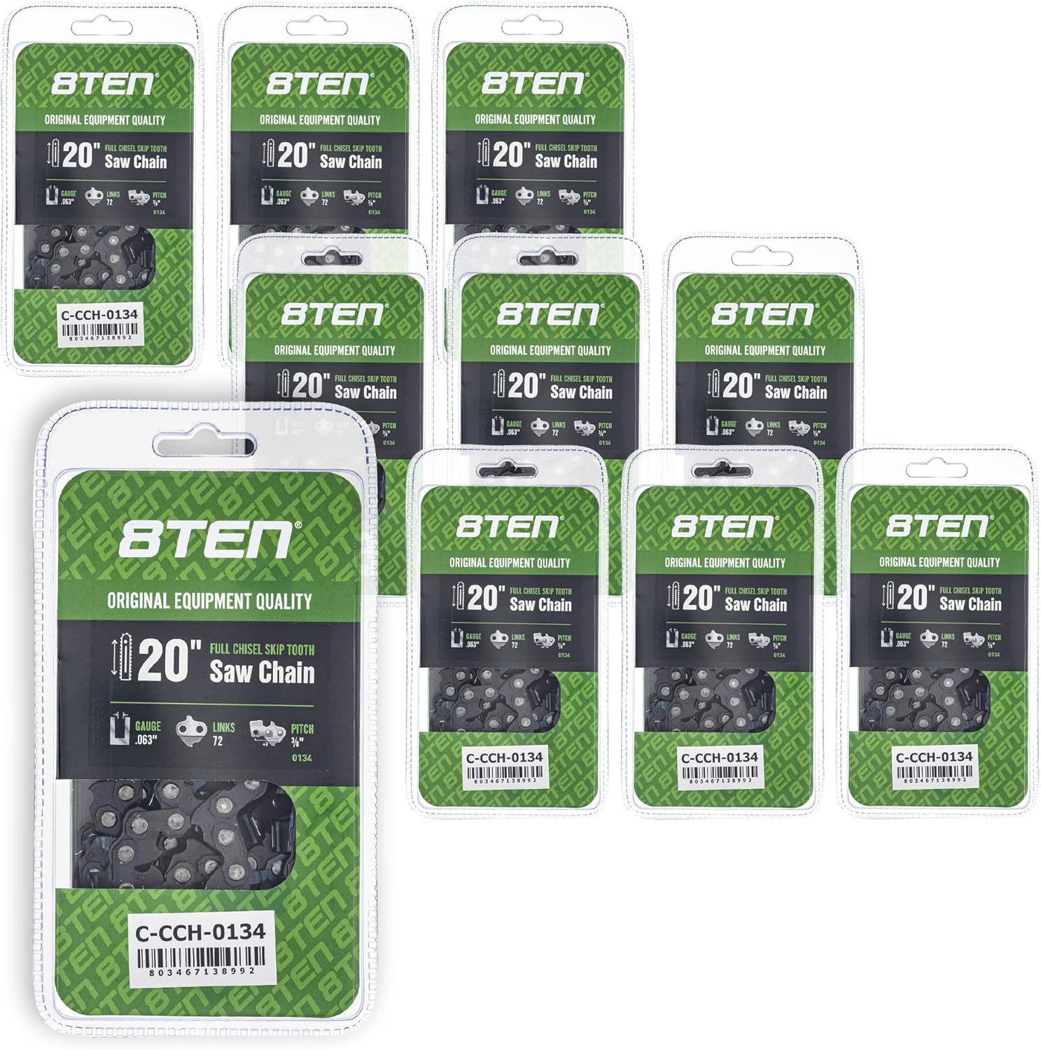 8TEN Full Chisel Skip Tooth Chainsaw Chain 20 Inch .063 3/8 72 DL For Stihl MS 270 Husqvarna 465 Rancher (10 Pack)