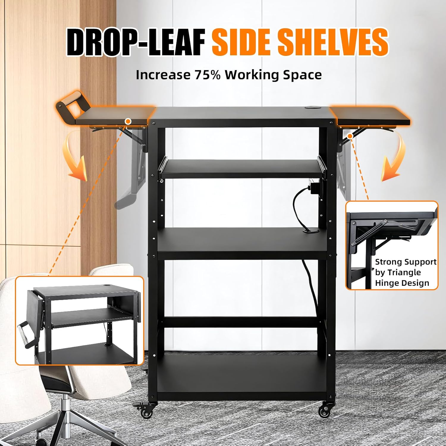 All-Steel AV Cart with Wheels and Power, Height Adjustable Media Workstation with Drop-Leaf Shelves for Projectors, Laptops & Printers, Heavy Duty Presentation Cart with Pull-Out Keyboard Tray