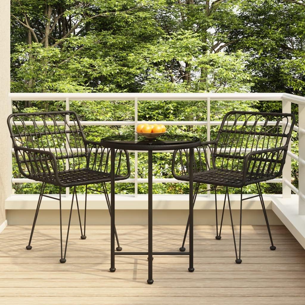 3 Piece Garden Dining Set, Black Synthetic Poly Rattan Outdoor Table and Chairs, Round Patio Furniture Set for Balcony, Terrace, 2-Seat Capacity
