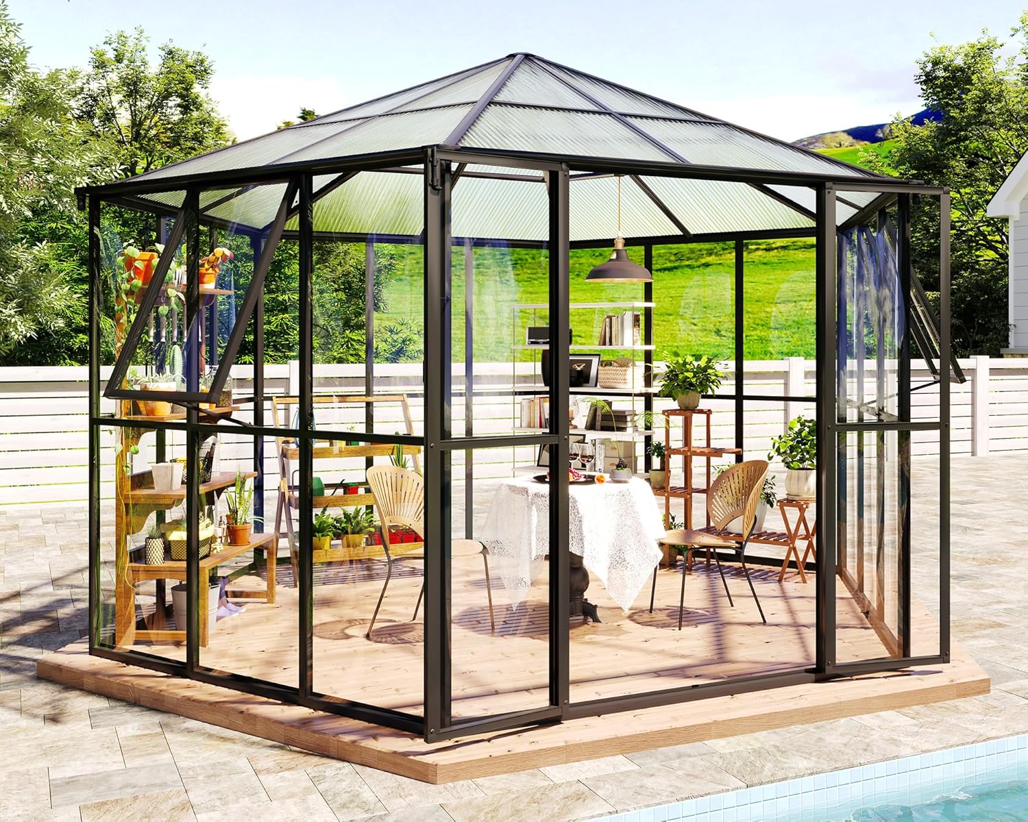 Jocisland 12x10x8 FT Hexagonal Greenhouse, Quick-Connect Aluminum Frame, Dual Roof Vents & Double Doors, Walk-in Garden/Backyard Greenhouse with Gutters, Black