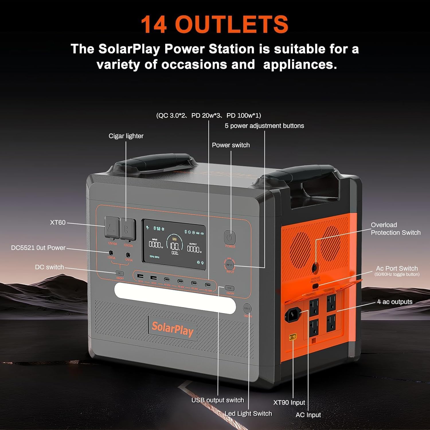 SolarPlay 2500W Portable Power Station(Peak 4800W), 2304Wh Solar Generator with 200W Solar Panel BMS Emergency Solar Battery Backup for Home Camping Outdoor Battery Backup