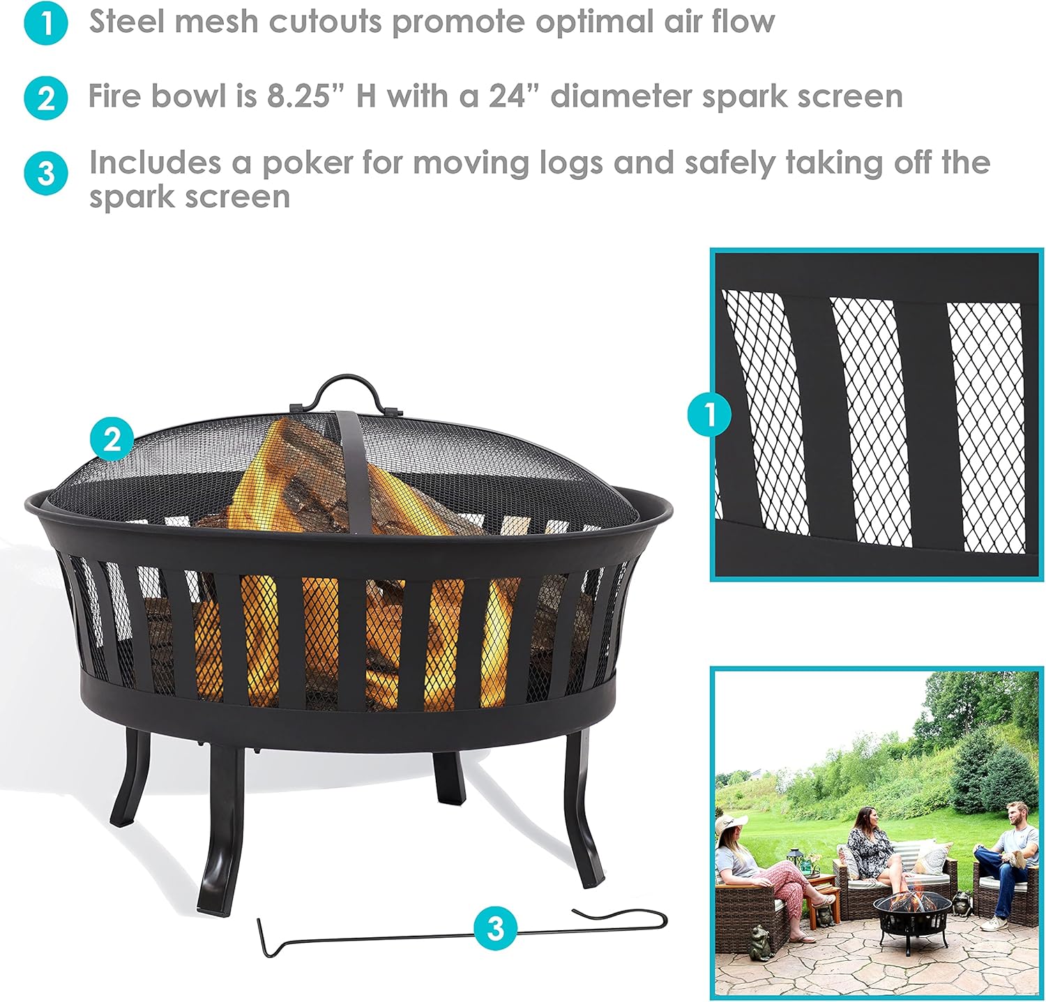Sunnydaze 25-Inch Steel Wood-Burning Fire Pit with Mesh Stripe Cutouts - Includes Poker and Spark Screen