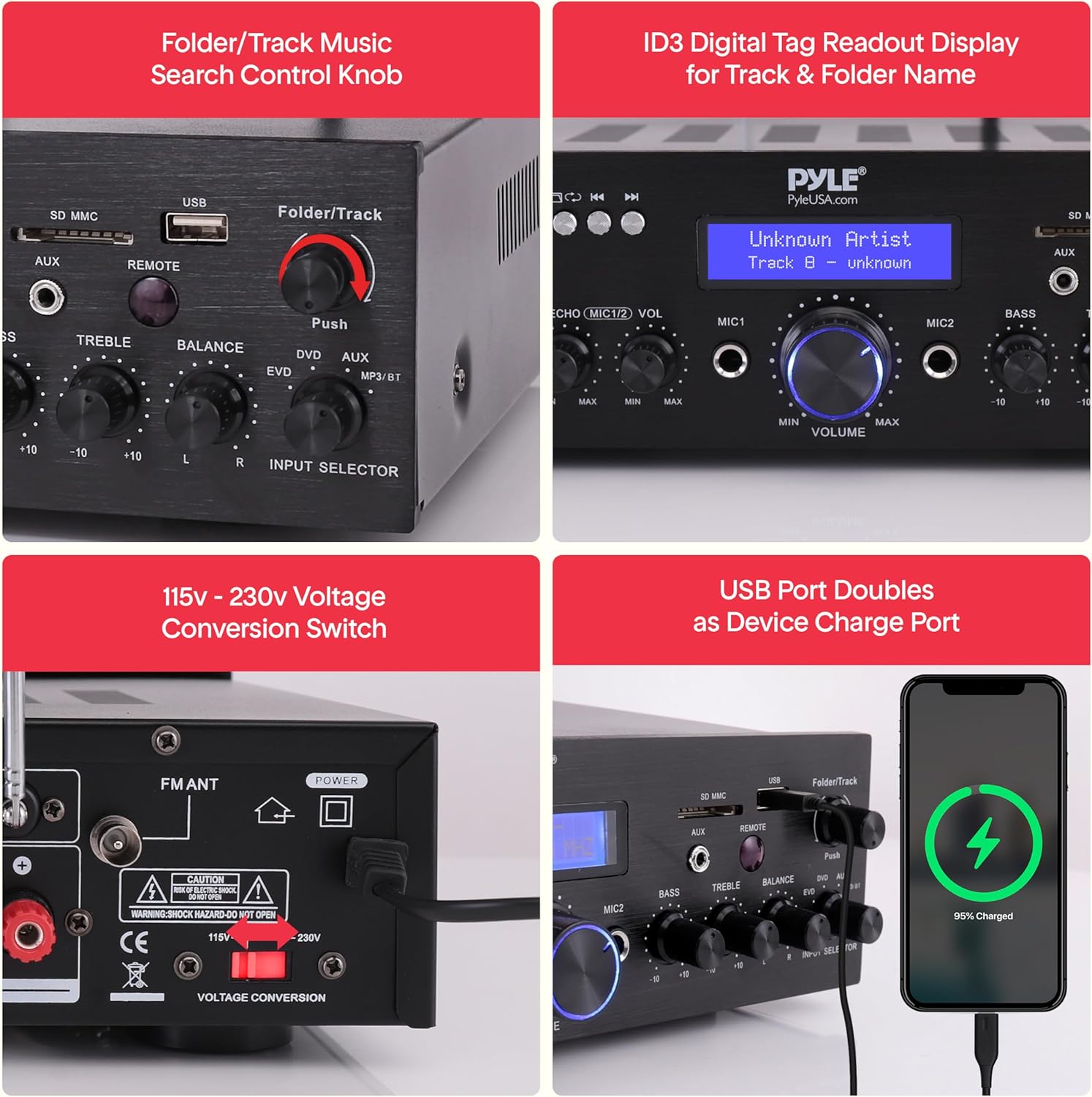 Pyle Wireless Microphone Bluetooth Amplifier-200W Peak Power Dual Channel Stereo Audio Receiver w/USB,AUX in, Dual Mic Inputs w/Echo Control,RCA Input, For Karaoke,Home Theater,Music Studio- PDA8BUWM