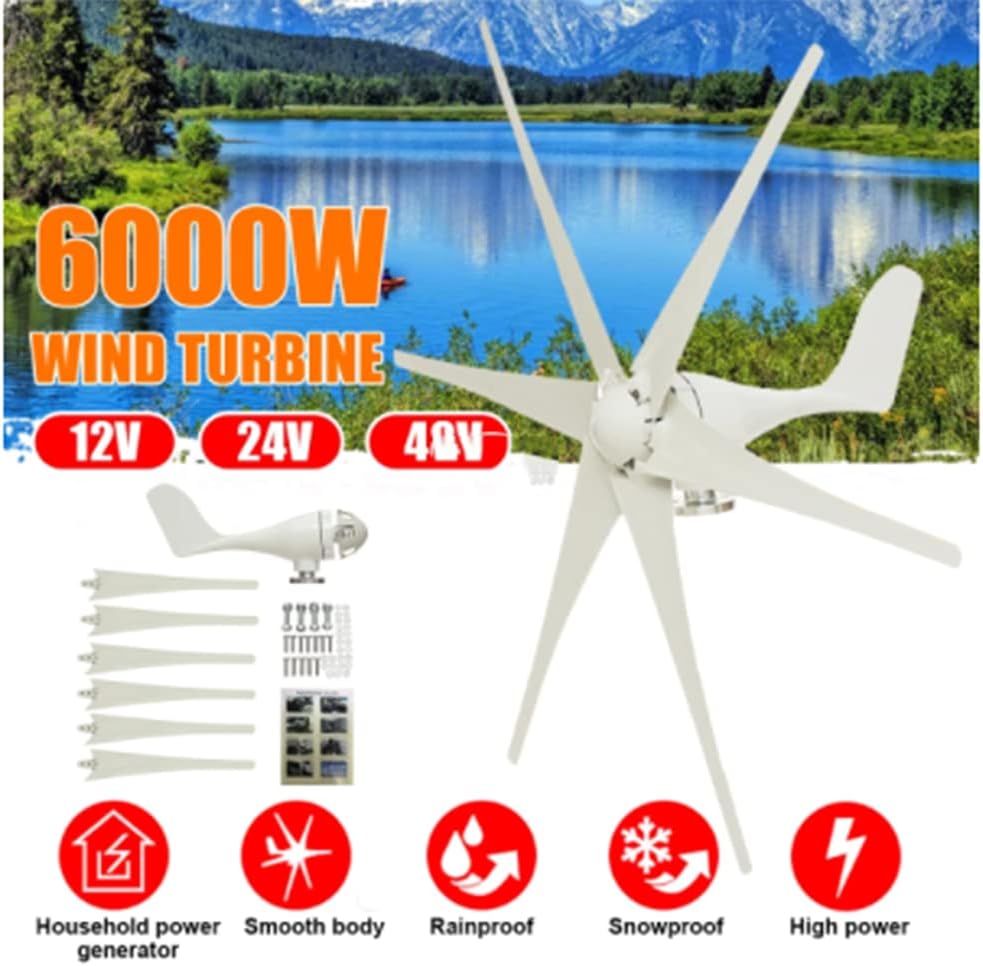 6000W 12V/24V/48V 6 Blades Horizontal Wind Generator Wind Turbines Generator Windmill Energy Turbines Charge for Home Camping