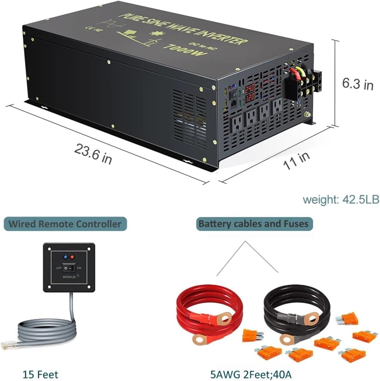 Pure Sine Wave Solar Inverter 7000W Power Supply 12/24/48/110V DC to AC 120/220/230V Transformer USB Port(110V,240V)