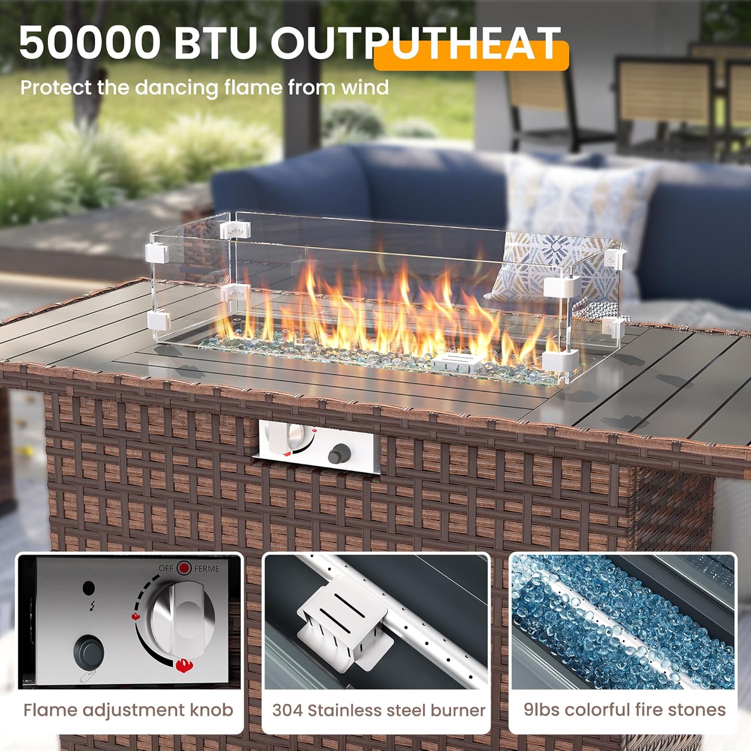 UDPATIO Patio Furniture Set with 44'' Fire Pit Table,Modular Outdoor Furniture Sets,Slanted Back Outdoor Sectional Conversation Set PE Rattan Sofa for Backyard W/Coffee Table,4'' Cushions,8 PCS,Blue