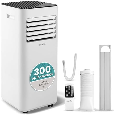 SereneLife Portable Conditioner, 8000 BTU 3-in-1 Compact Standing Air Conditioner for Rooms Up to 300 Sq. Ft., Energy Efficient Floor AC Unit with Remote Control, Universal Casters, Window Mount Kit