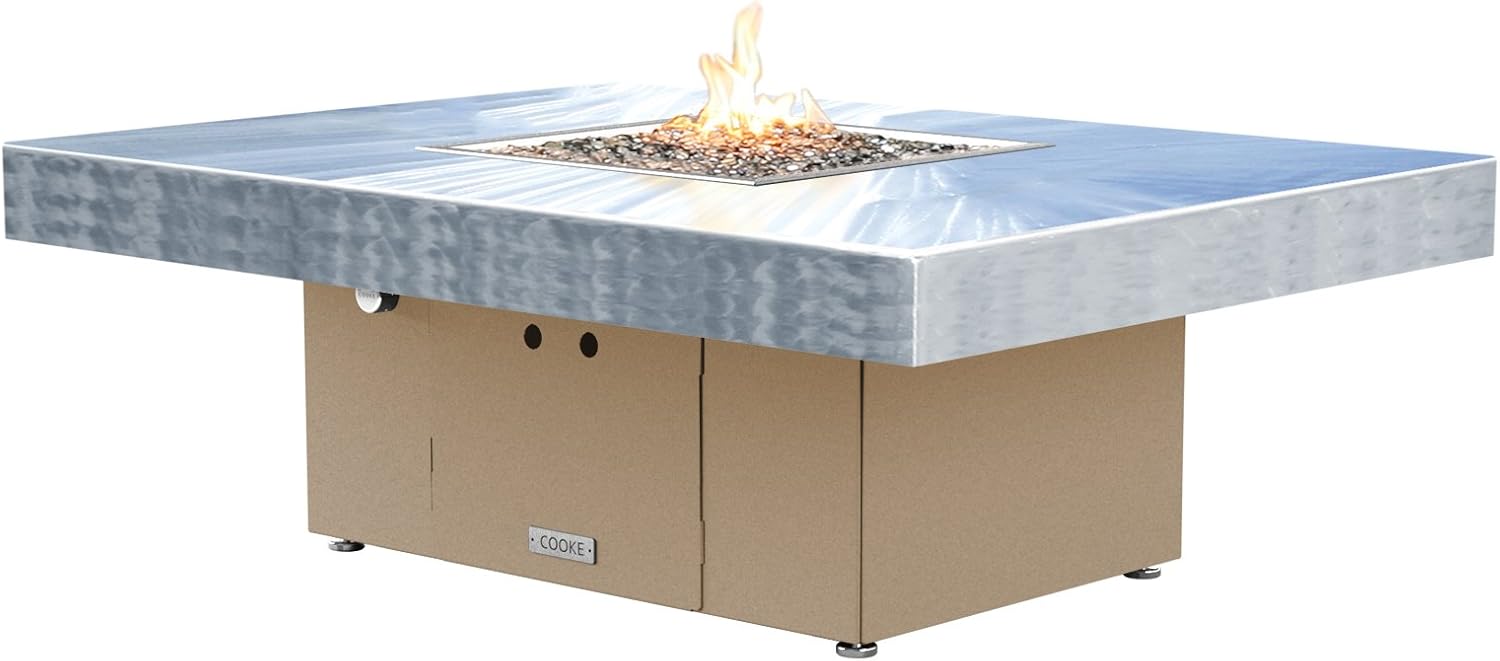 COOKE Santa Barbara Rectangular Fire Pit Table - 48 x 36 - Propane - Brushed Aluminum Top - Beige Powdercoat Base