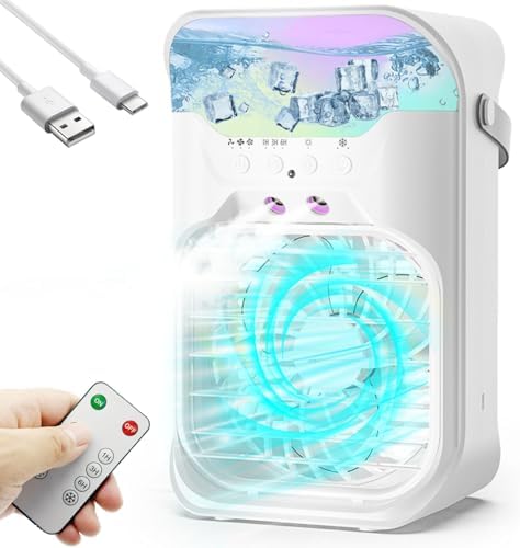 IWENNUAN Portable Air Conditioners, 4 in 1 Portable AC Unit with Remote, 1500ml Water Tank, 3 Speeds, 6H Timer, 2 Spray Mist, 7 Night Light, Personal Mini Air Conditioner for Bedroom, W