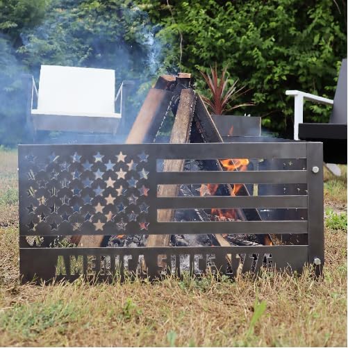 American Flag Since 1776 Steel Fire Pit - Metal Outdoor Backyard Fire Ring - Patriotic Patio Decor - Stars & Stripes Firepit (Raw Steel -Dark, 29