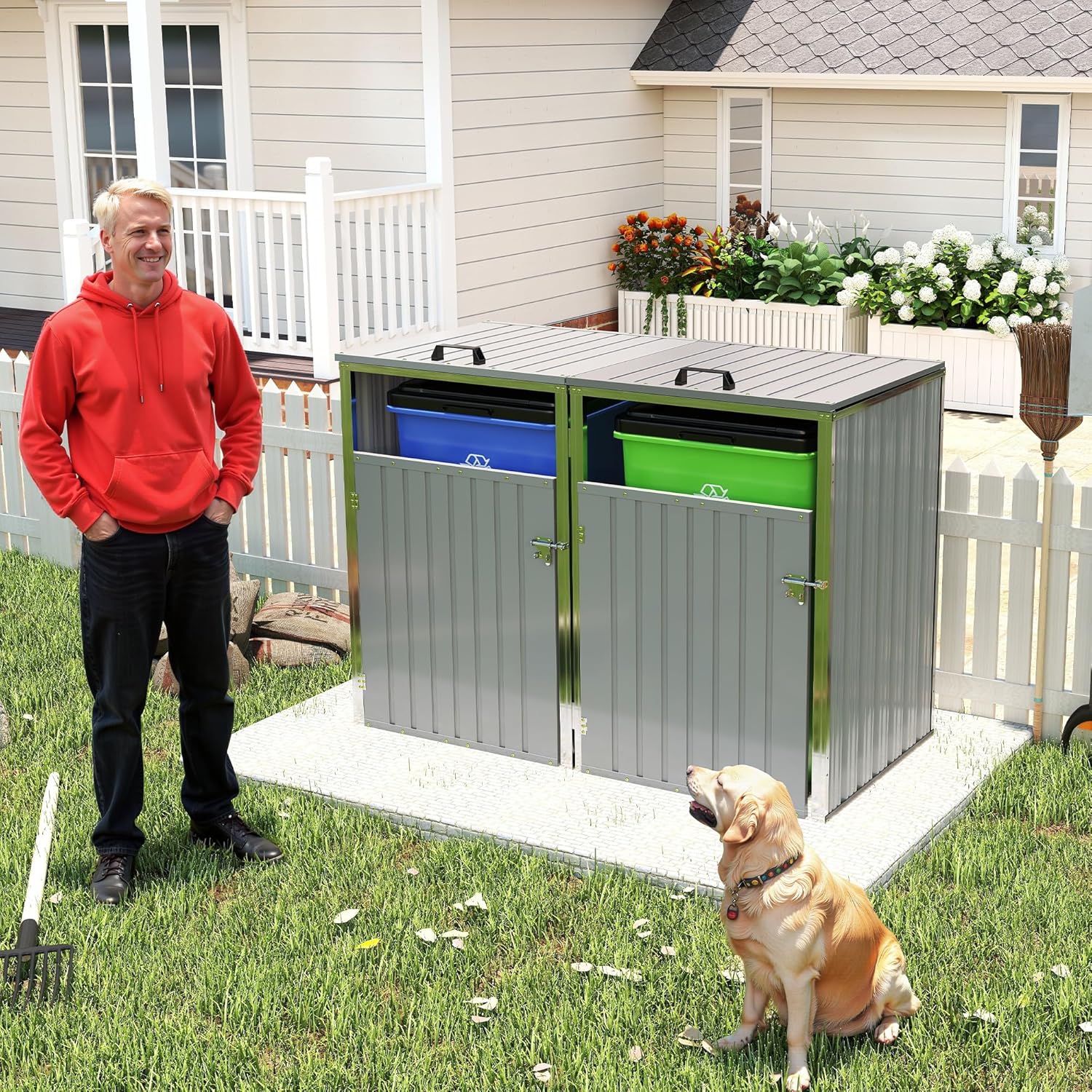 Outdoor Galvanized Steel Trash Can Storage Shed – 54 cu ft Garbage Bin Enclosure for Patio, Garden Yard Weather-Resistant with Pneumatic Support Rod, Lockable Doors & Chain Lid (Light Gray, 2 Door)