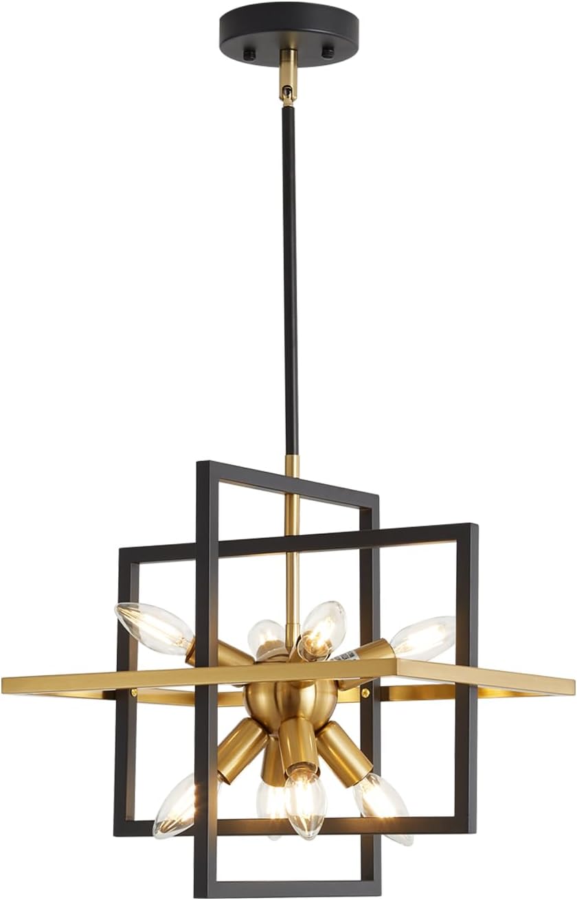 Modern Black and Gold Chandelier, 8 Light Lantern Pendant Light Geometric Sputnik Square Hanging Light Fixtures for Kitchen Islands, Dining Room, Farmhouse, Entryway, Foyers