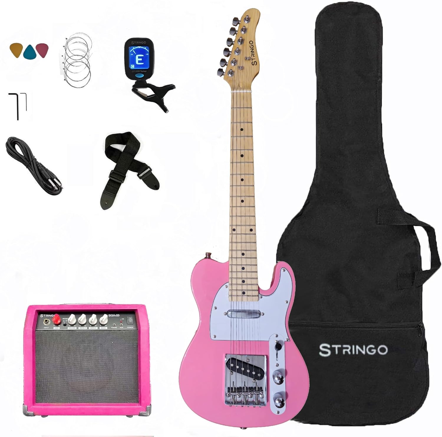 Pink 30 Inch Kids Electric Guitar Beginner Kit, Tele Style,Set Includes, 20W Amplifier 3 Picks, Shoulder Strap, Tuner, Bag Case