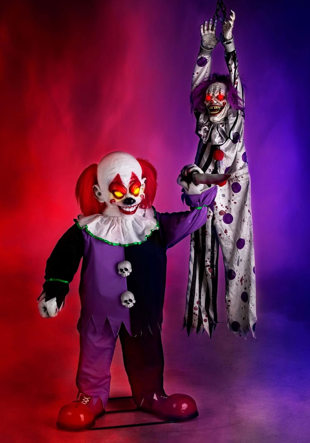 Fun Costumes 4FT Little Killer Clown w/Knife Animatronic Decoration, Lifelike Step-pad Activated Clown Halloween Decoration