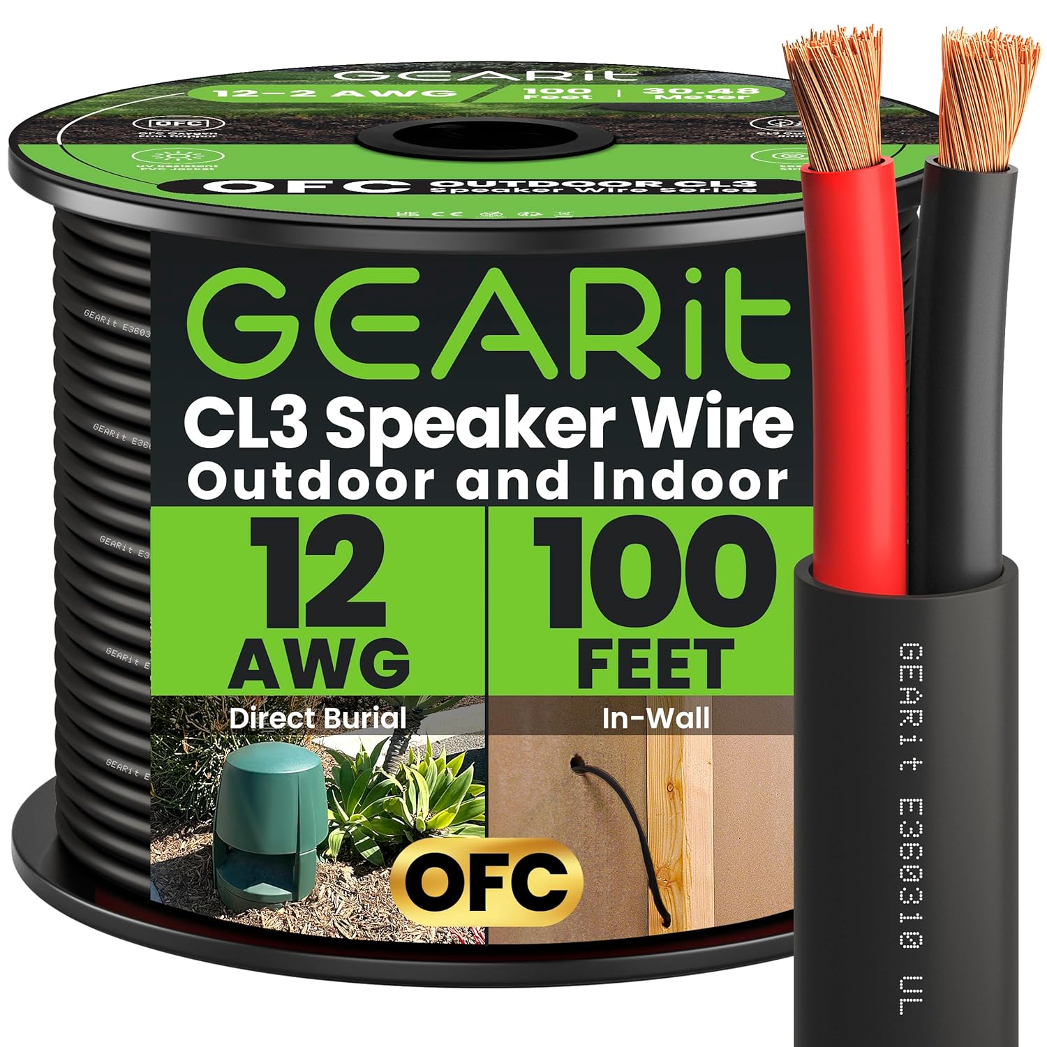 GEARit Outdoor Speaker Wire CL3 Rated, 12 Gauge Speaker Wire, Speaker Cable 100 ft for Outdoor Speakers, Patio, Garden, Backyard Audio, Direct Burial in Ground/in Wall, OFC (Black, 2-Conductors)