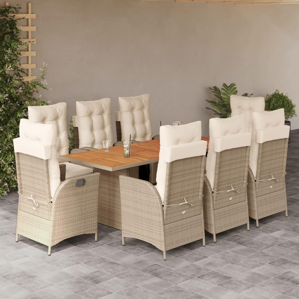 Furniture Sets 9 Piece Patio Dining Set with Cushions Beige Poly Rattan,Rattan Garden Furniture Set with Adjustable Reclining Chairs and Acacia Wood Table for Outdoor Dining and Relaxation Garden Conv