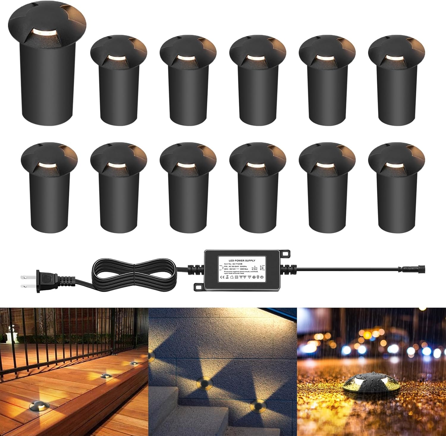 LED Outdoor In Ground Lights with Protecting Shell, Warm White Φ2.36in Low Voltage 12V DC IP67 Waterproof, Electric Wired Recessed Landscape Well Lighting for Outside Yard Floor, 12 Pack Black