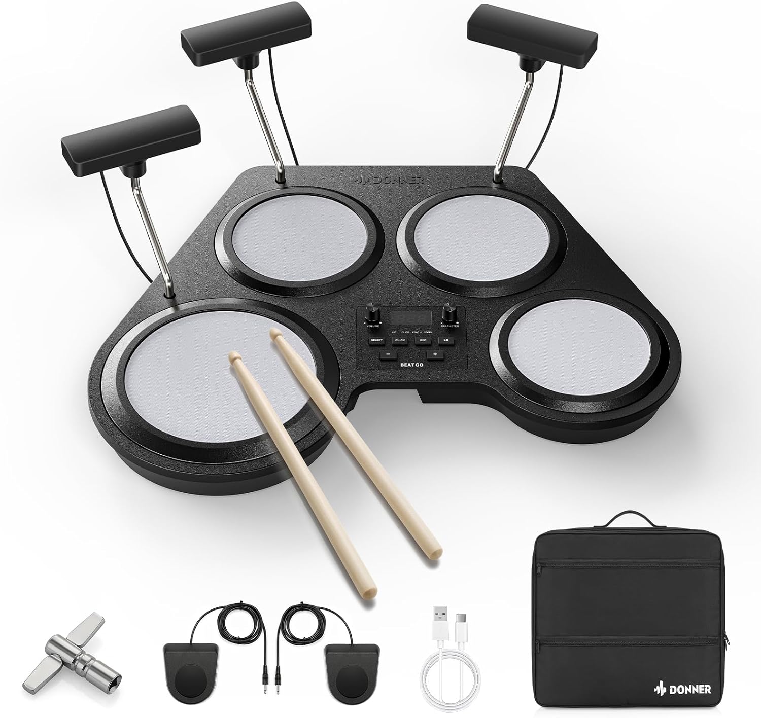 Donner Beat Go Electronic Drum Set, Portable Electric Drum Kit with Training Lessons for Beginners, Compact Table Drum with Drumstick and Backpack, 180 Voices 30 Demo Songs 15 Drum Kits
