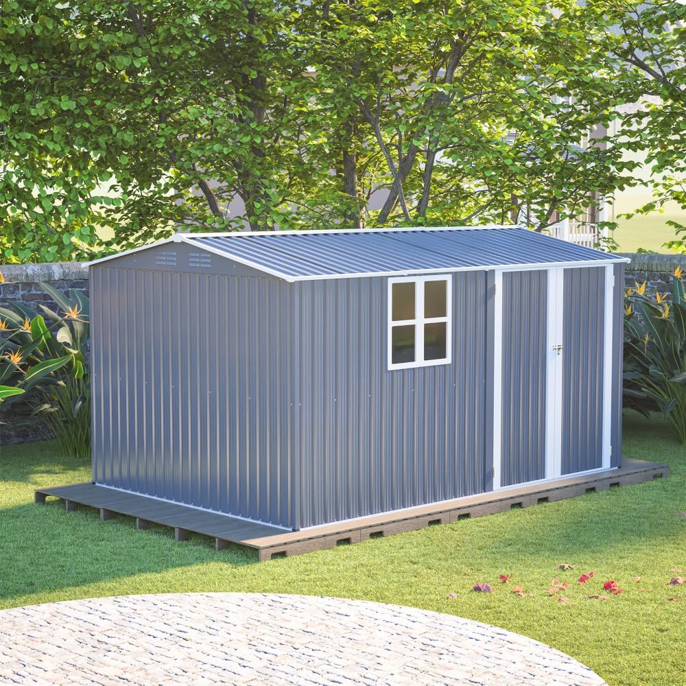 8x12 Ft Outdoor Storage Shed, XL Heavy-Duty Steel Building with Window, Hinged Gray Doors & 4 Air Vents, Reinforced for Backyard, Garden, Patio
