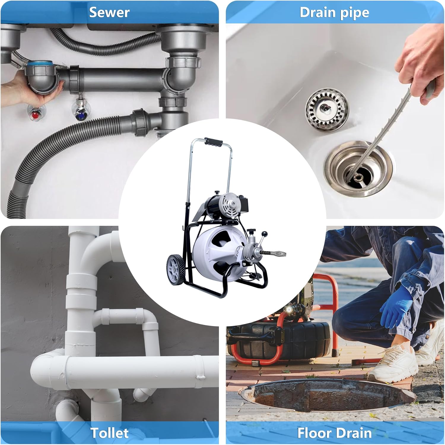 Drain Cleaner Machine 75FT x 1/2 Inch, Auto Feed Sewer Snake Drain Auger - Electric Drain Cleaning Machine Fits 1 Inch to 4 Inch Pipes, Portable Drain Auger Cleaner with 8 Cutters