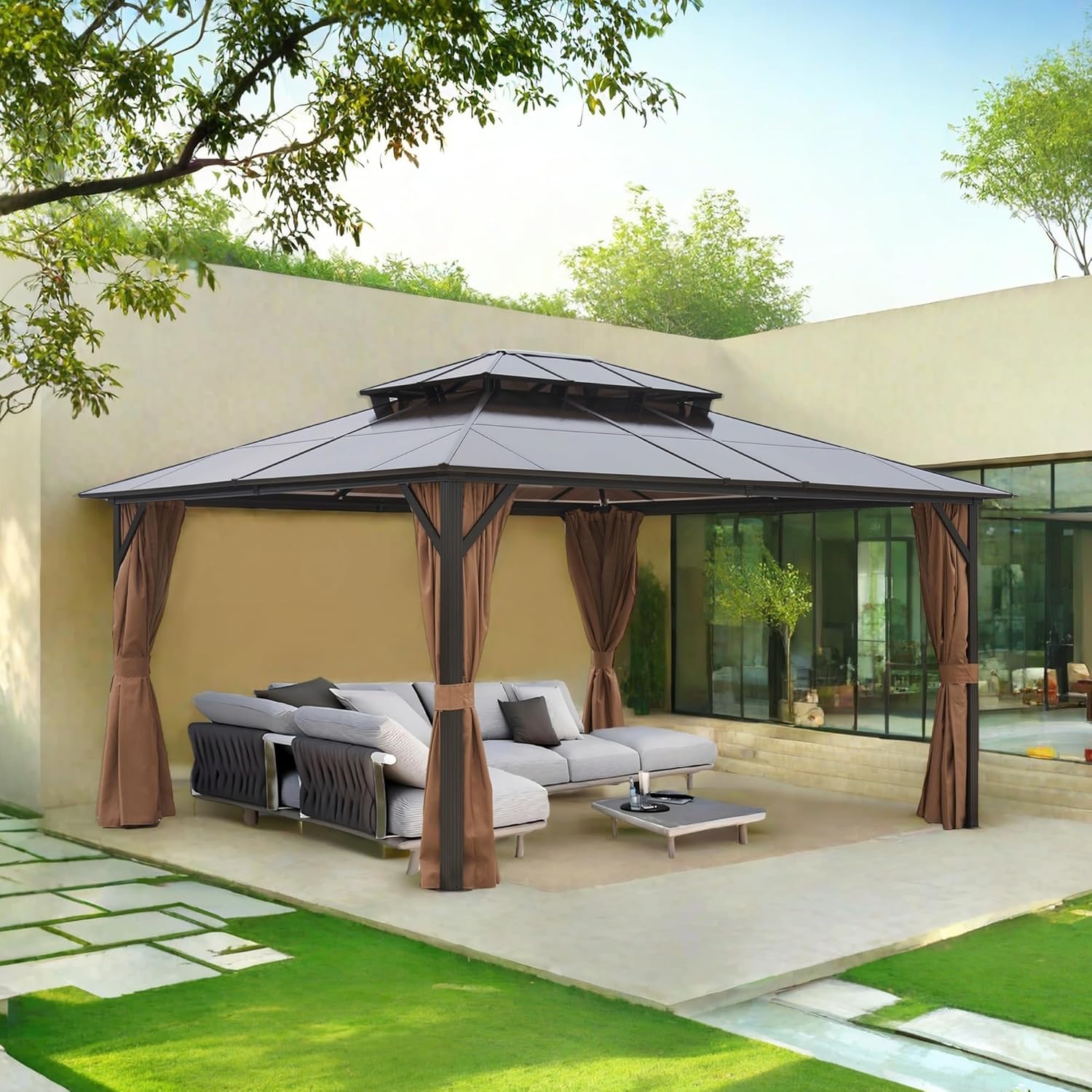 10x12FT Hardtop Gazebo Double Roof Canopy Outdoor with Netting and Curtains, Aluminum e Polycarbonate Roof GTent for Patio, Backyard, Deck, and Lawn