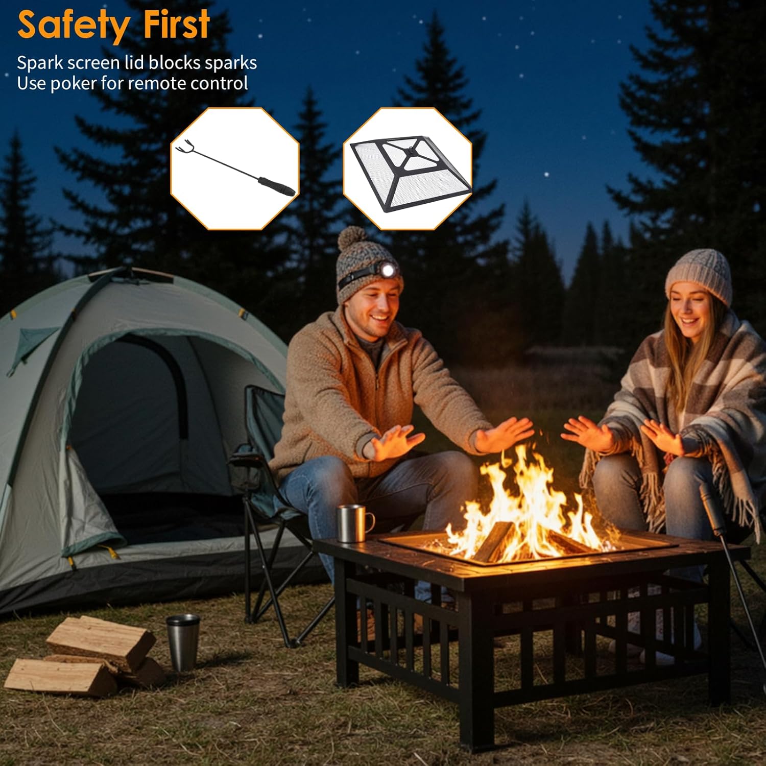 MAMIZO 32 inch Outdoor Fire Pit, Wood Outside Burning Square Metal Firepits Stove Table w/Accessories, Spark Screen, Waterproof Cover, Poker Included for Backyard BBQ Patio Camping Bonfire Heating