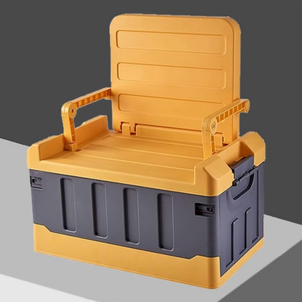 Car Trunk Storage Bins with Lids, Folding Organizer Plastic Bin for Camping, Deck Boxes Outdoor, Travel and Vehicle Supplies, Multi-Use Car Accessories and Storage Crate(Yellow)