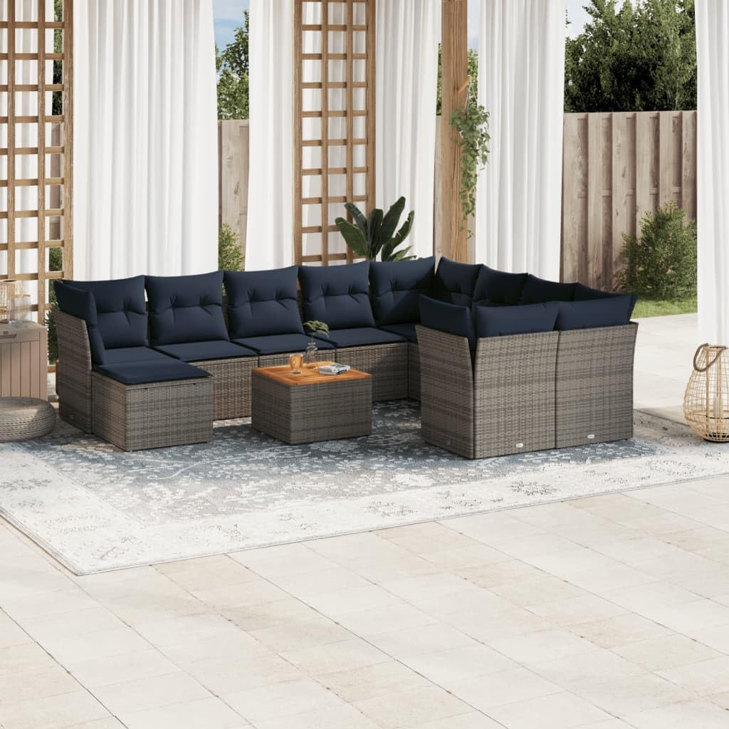 11-Piece Patio Sofa Set, Gray Poly Rattan Outdoor Furniture with Cushions, Modular Garden Seating for Backyard Terrace, UV-Proof