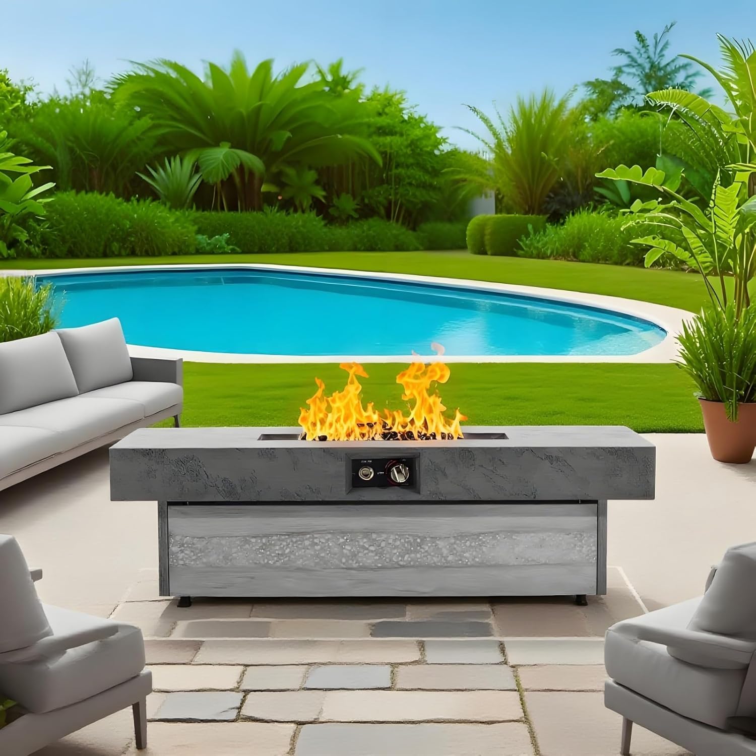 Outdoor Firepit Table, Black Rectangle Propane Fire Pits Table with 2 Height Options, 50000 BTU, Clear Glass Stones, Removable Lid & Waterproof Cover, 48