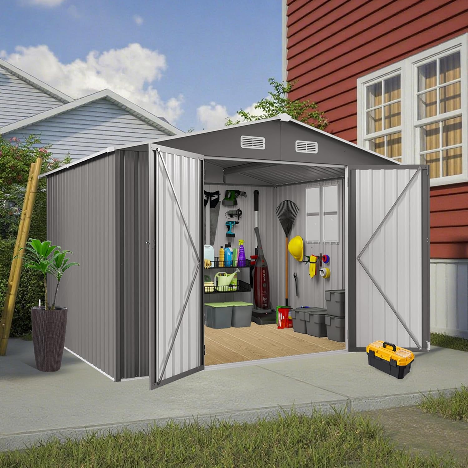 10x8 FT Metal Outdoor Storage Shed, Large Waterproof Garden Tool Shed with Lockable Double Doors, Air Vent & Window, Heavy-Duty Galvanized Steel Storage House for Tools, Bikes, Lawn Equipment - Gray