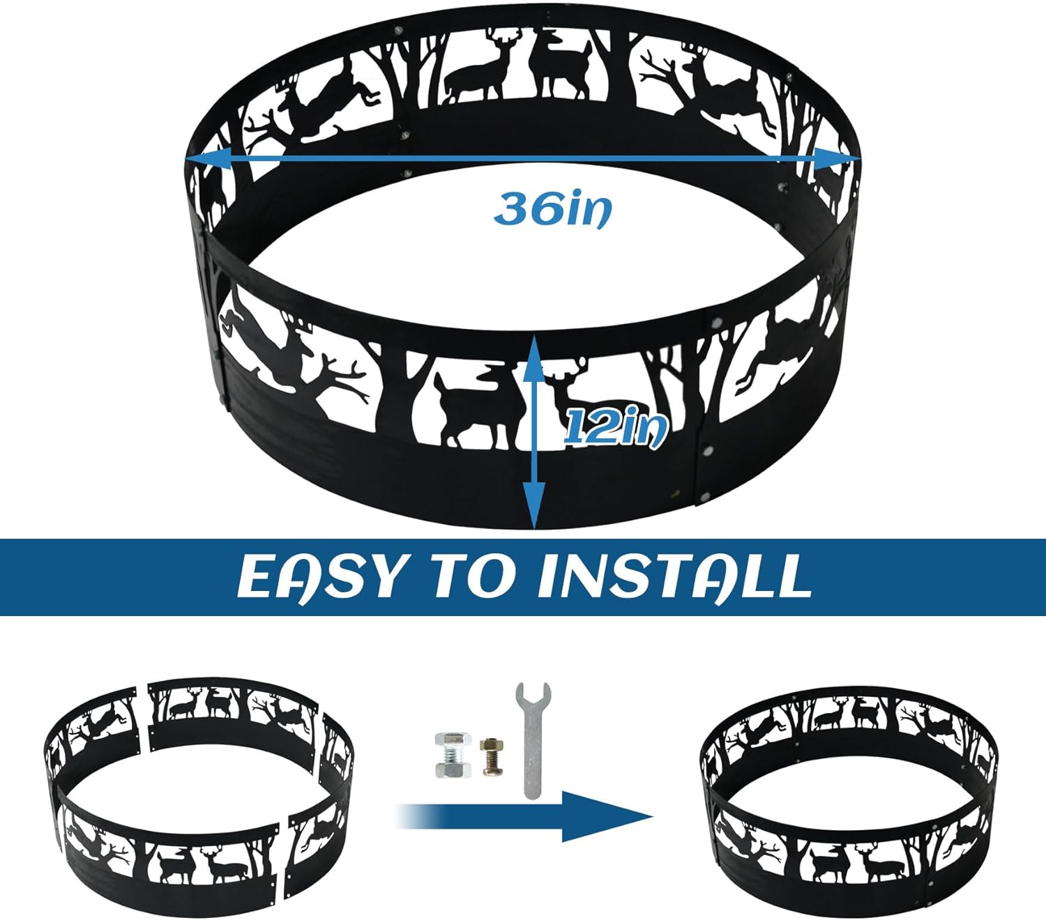 36 Inch Fire Pit Ring for Outside Wood Burning - Heavy Duty Steel Fire Ring Insert Large Round Smokeless Firepit Liner for Camping Backyard/Patio Garden (36x12 Inch)