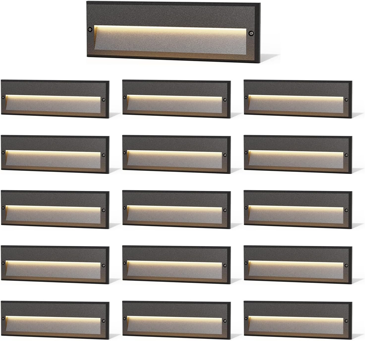 GOODSMANN Low Voltage Step Lights Kits 16PK 10.6 Inch Outdoor 12V AC Landscape Stair Lights Wired 6W LED Electric Outdoor Deck Lighting Black Metal 122 Lumens 3000K Warm White with Cable Connectors