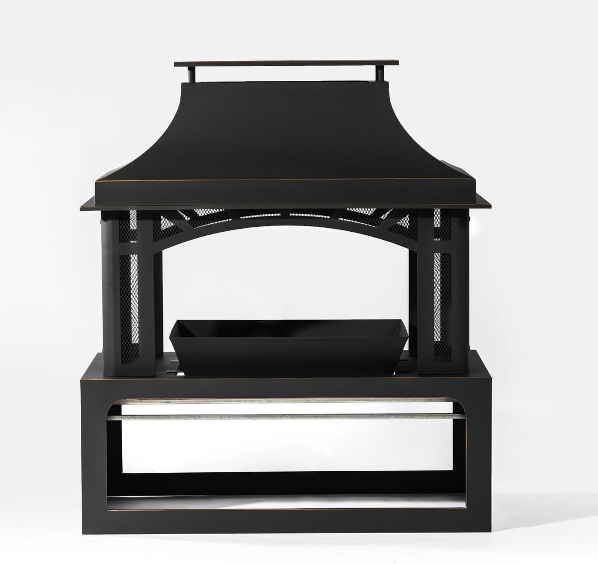 40-inch Wood Burning Fireplace with Chimney, 50,000 BTU Outdoor Steel Fire Pit with Spark Screen & Wood Storage for Patio, Garden, Backyard - Matte Black