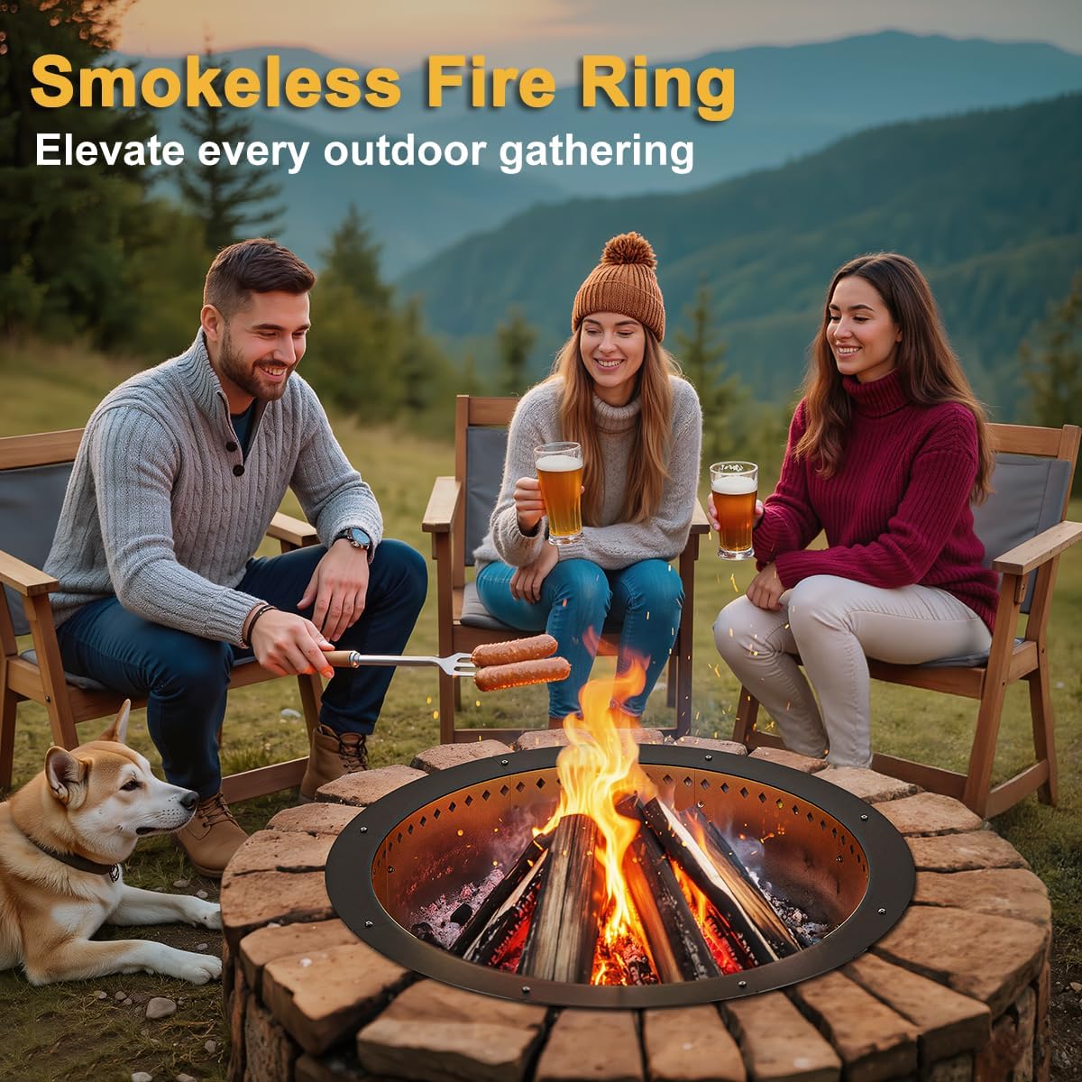FANHAO Outdoor Fire Pit + 36-Inch Fire Ring Smokeless, Wood Burning Fire Pit Ring Duty Solid Metal Steel