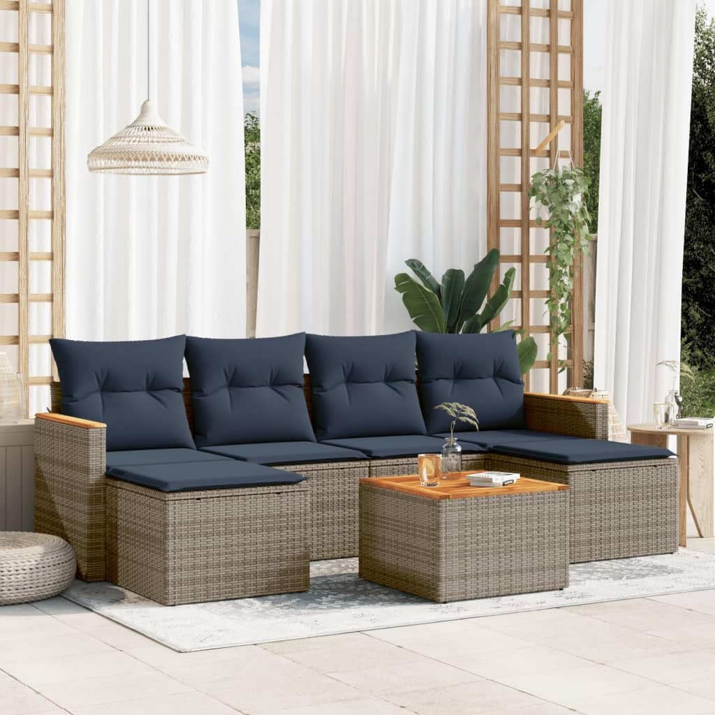 7 Piece Garden Sofa Set with Cushions, Grey Poly Rattan Outdoor Furniture, Acacia Wood Tabletop, UV-Resistant Patio Dining Set