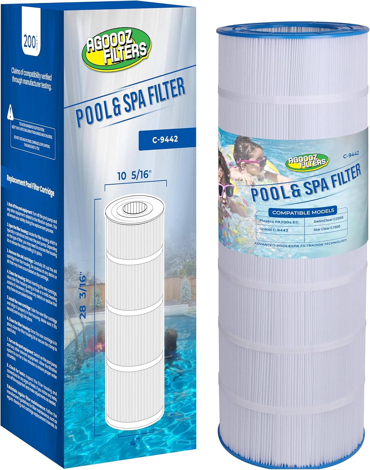 C200S Filter Compatible with CX200XRE, SwimClear C200S, C200S, Unicel C-9442, PA200S, 200 Sq. Ft Pool Filter Cartridge, 1 Pack