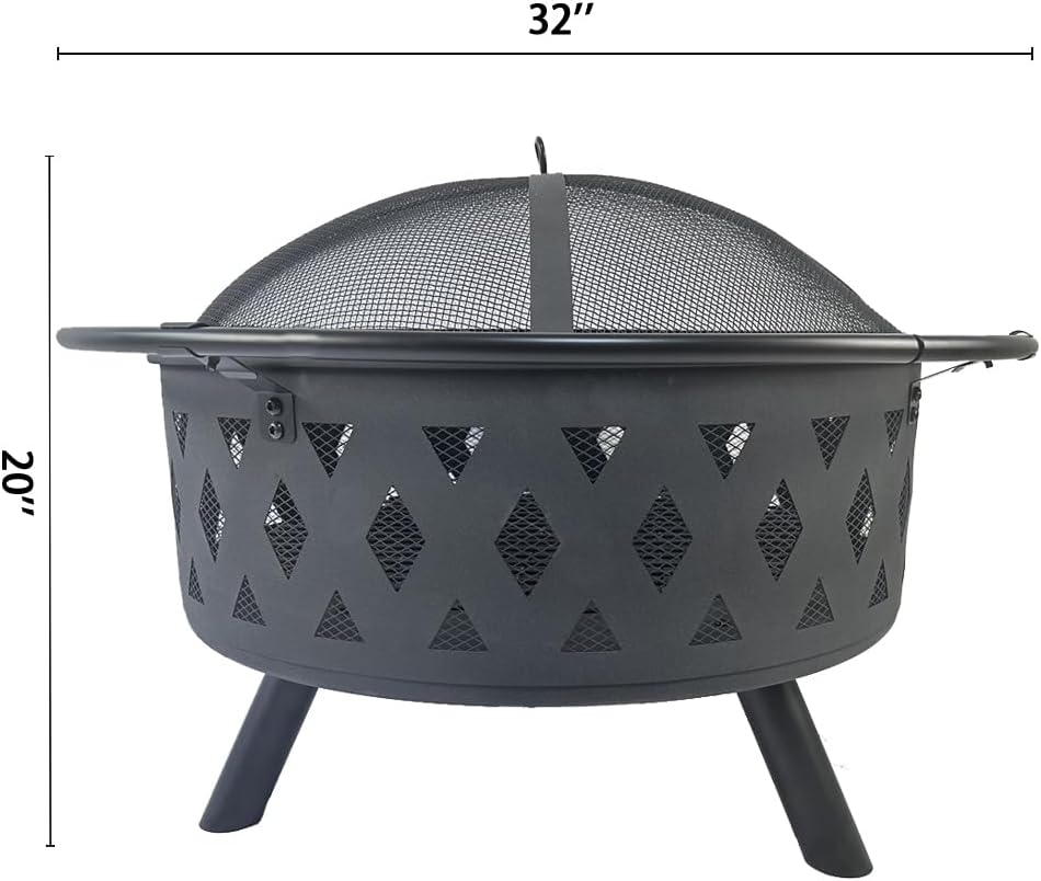 Large Round Fire Pit with Net Cover, Fire Poker & Diamond Mesh - Metal Wood Burning Outdoor Fire Pit for Courtyards, Backyards, Gardens - Ideal for Bonfire Parties, Christmas, Thanksgiving, Halloween
