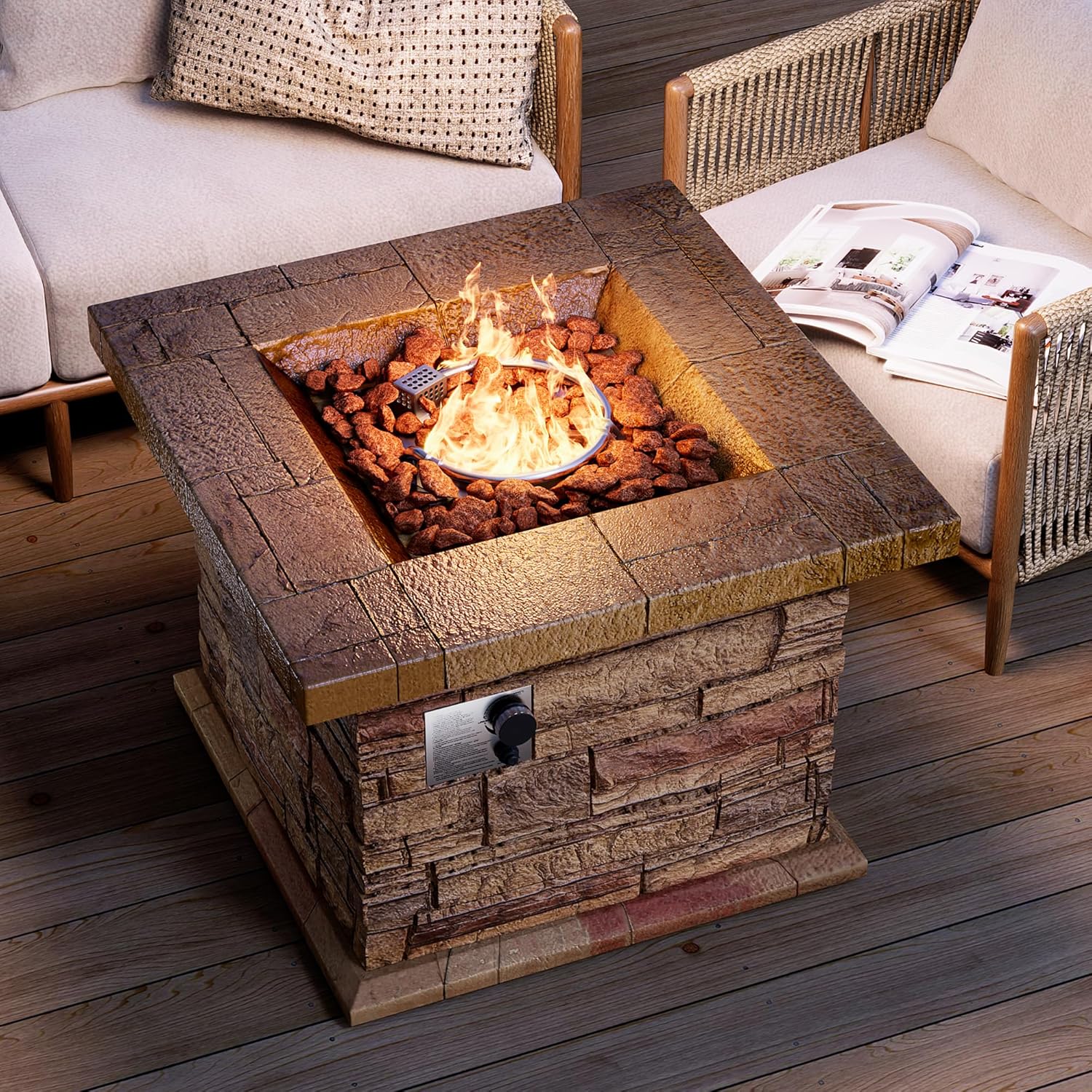 HOMPUS Outdoor Propane Fire Pit Table 32-inch Imitation Stone Square Concrete Propane Fire Pit with Lava Rocks and Rain Cover 50,000 BTU Gas Smokeless Fire Pits for Outside Patio,Garden, CSA Certified
